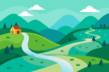 Vector cartoon landscape of summer countryside with green mountains, hills, and a blue sky with clouds