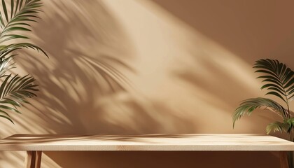 Empty Table Against Bright Brown Wall With Leaves Shadow And Wooden Desk. Ideal For Presentations, Branding, Cosmetics, Food, Or Jewellery. Great For Mockups.
