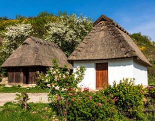 A picturesque view of thatched-roof cottages, representing themes of rural living, traditional architecture, and peaceful landscapes.