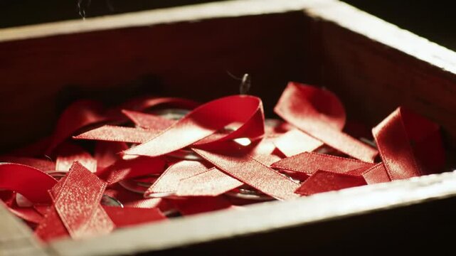 Symbolic red ribbons for HIV awareness smoldering in a wooden box, representing remembrance and the ongoing fight