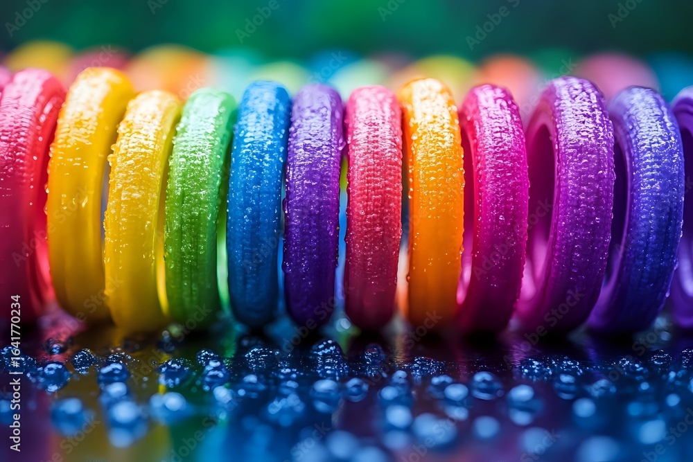 Poster Vibrant rainbow colored macarons lined up in row with water droplets creating sparkly bokeh effect on dark surface. Extreme close up shows detailed texture and colors.