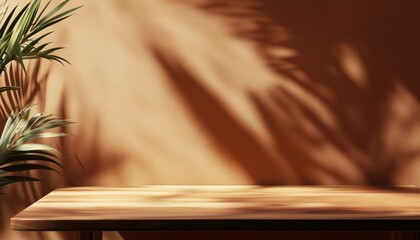 Empty Table Against A Bright Brown Wall: Enhancing Composition With Shadows Of Leaves And A Wooden Desk For Various Product Presentations.