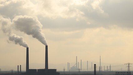 Industrial landscape with smokestacks and a dramatic cloudy sky.