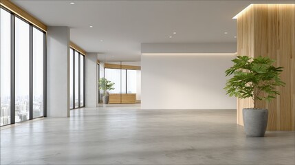 Obraz premium Bright Modern Office Interior with Large Windows, Polished Concrete Floors, Wood Accents and Potted Plant