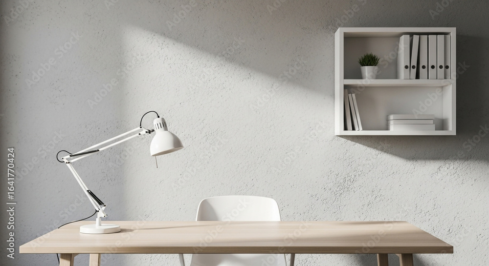 Poster modern minimalist home office desk with a lamp and a shelf on a textured concrete wall, bathed in na