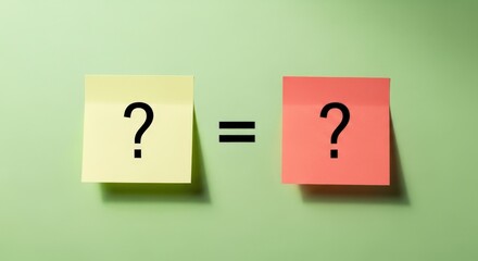 Two Question Mark Sticky Notes with Equals Sign on Light Green Background