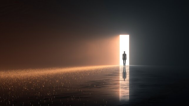 A human under a light symbolizing knowledge and an AI agent and AGI technology using agentic superintelligence in the future for autonomy and the growth of ASI during the singularity