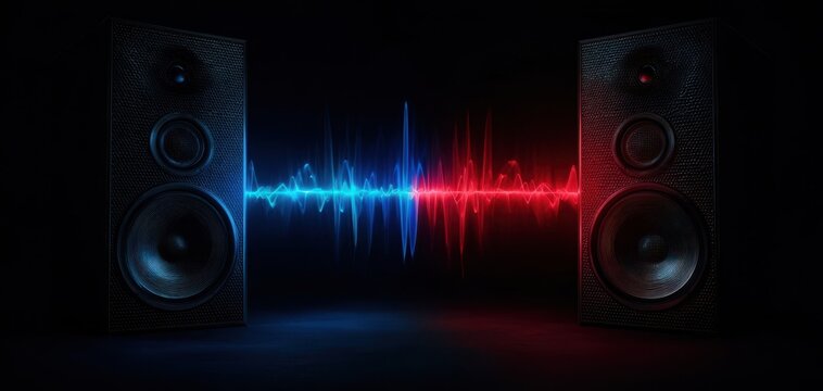 The vibrant sound waves visualized between powerful speakers in a dark setting.