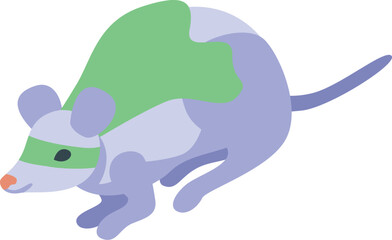 Cartoon superhero mouse running and wearing a green cape and mask, isometric view