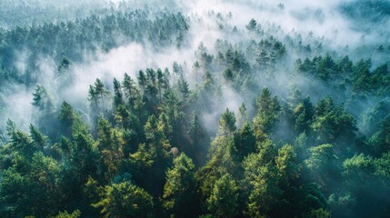 Misty Forest Canopy: Aerial View of Evergreen Trees with Atmospheric Fog and Haze
