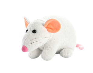 Fototapeta premium A white rat plush toy, isolated on a white background, perfect for use in children's themes, animal-related content, or playful designs.