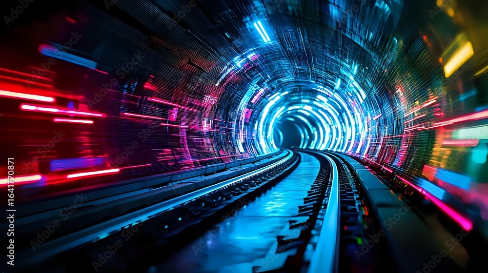 Poster futuristic tunnel with glowing neon lights and railway tracks creating dynamic motion effect through