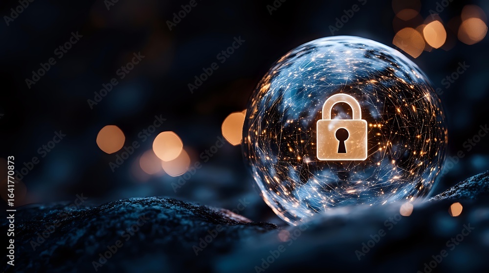 Aufkleber crystal glass sphere with padlock icon reflecting on dark background with bokeh lights, symbolizing 