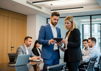 A businessman and businesswoman review a digital tablet together in a corporate office meeting, discussing project details with colleagues in the background, emphasizing teamwork