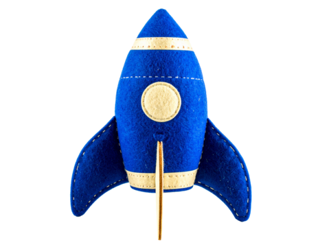 A spaceship plush toy, isolated on a white background, perfect for use in children's themes, space content, or playful designs.