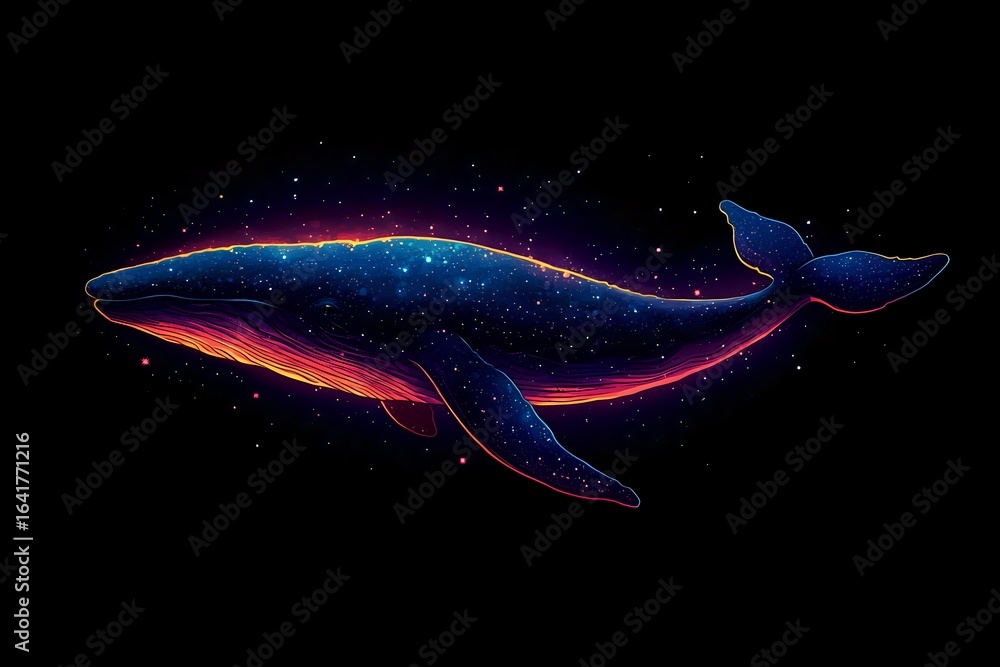 Poster mystical cosmic whale floating in starry space with glowing neon outlines and galaxy patterns within