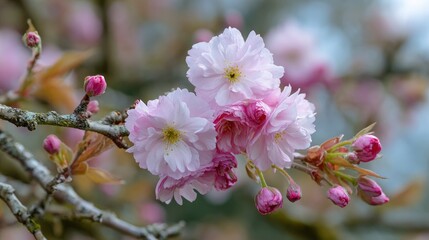 Obraz premium Blossoming pink flowers with yellow centers cluster on a lichencovered tree branch surrounded by closed buds