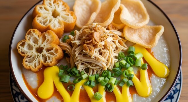 Bubur Ayam, Indonesian chicken rice porridge with various toppings like crackers and cakwe.