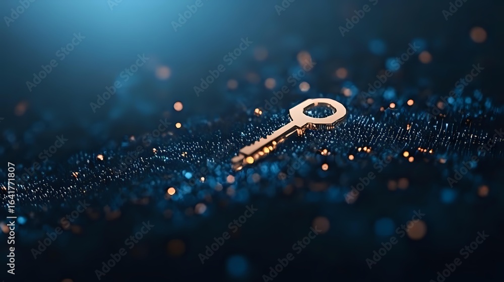 Aufkleber golden key lying on dark textured surface with water droplets and bokeh lights creating magical atmo