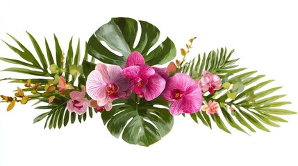 Composition features tropical foliage and vibrant orchids in shades of pink and green against a white background