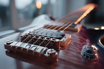 A detailed close-up photograph of an electric guitar, focusing on the strings and fretboard, beautifully lit by warm lights, showcasing musical craftsmanship.