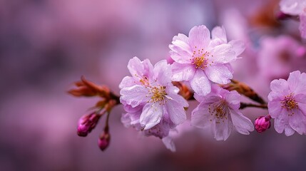 Dewcovered pink blossoms on a branch against a blurred backdrop of similar colors