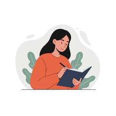 Young woman writing in notebook while sitting among green leaves  