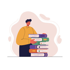 Young man carrying stacked books in a colorful, minimal style  