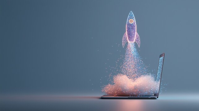 A 3d hologram of a rocket and a laptop computer symbolizing growth of AI agents and AGI technology using superintelligence in the future for autonomy and the success of ASI during the singularity