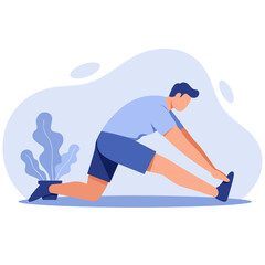 Fototapeta premium Man stretching while exercising in a minimal blue background 