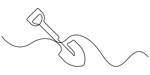 Shovel, dig, construction, cleaning one line art. Single line of shovel vector illustration. Continuous line drawing of repair, professional, hand, people, concept, support, maintenance, Pro Editable  © UzzalChandra