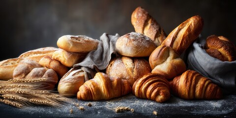The assortment of freshly baked artisanal breads and pastries on a rustic table.