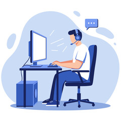 Young man using computer and headset while gaming at home  