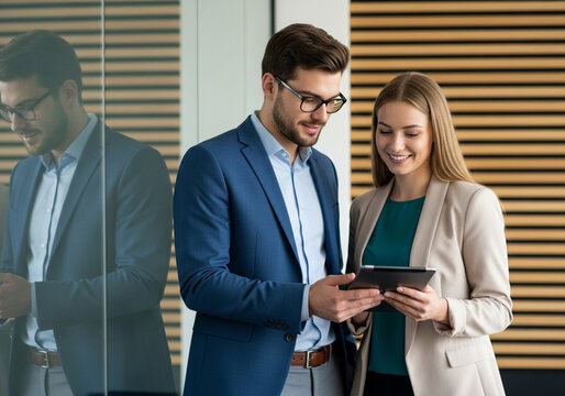 Two business professionals, a man and a woman, collaborating and looking at a tablet in a modern office setting with wooden wall