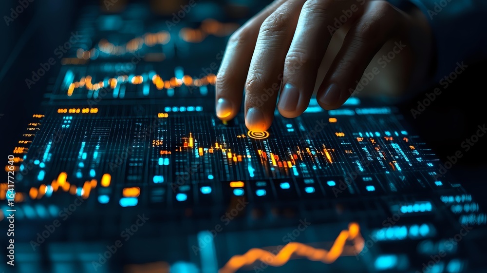 Poster financial trader analyzing digital stock market data and touching glowing charts on dark blue intera