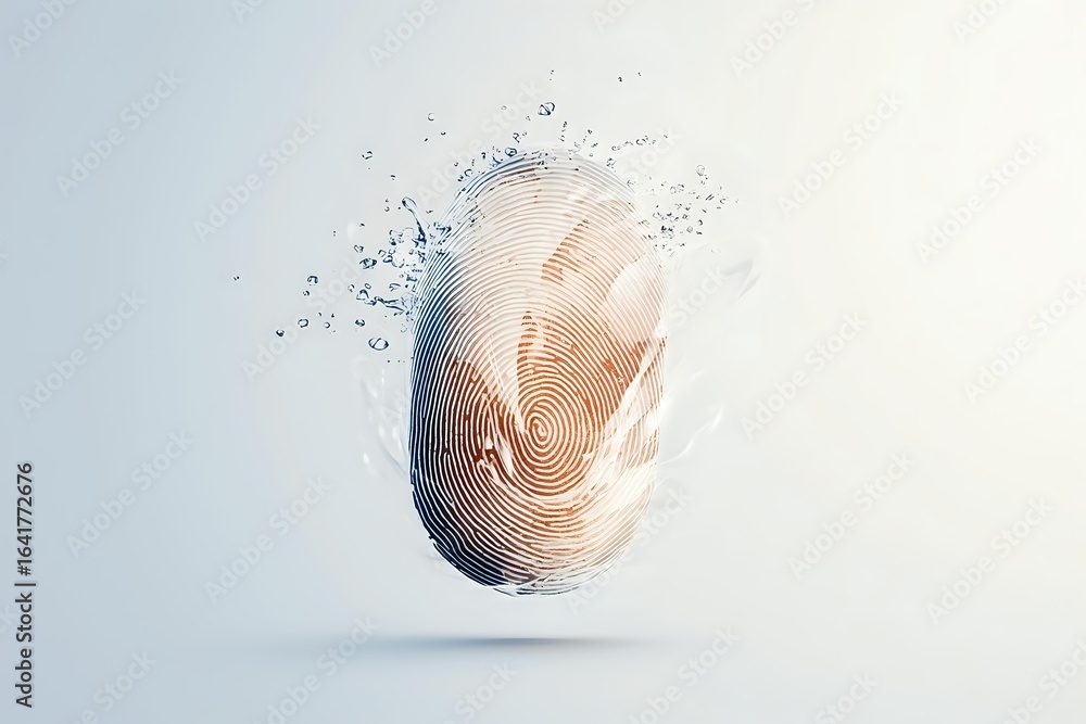 Poster disintegrating fingerprint with particles scattering in space against light background, representing