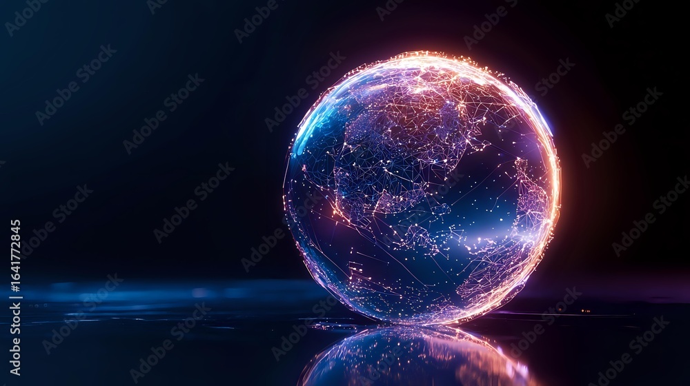 Poster glowing digital sphere with network connections and light trails floating above reflective surface i