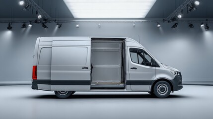 Commercial Delivery Van with Open Sliding Door in a Bright Studio, Ready for Transport or Customization