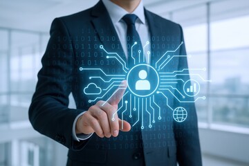 Business Professional Interacting with Digital Avatar Interface Representing Data Privacy and Cybersecurity Solutions in a Modern Office