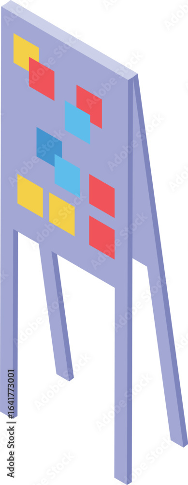 Poster isometric view of a planning board with colorful sticky notes representing tasks or ideas, displayed