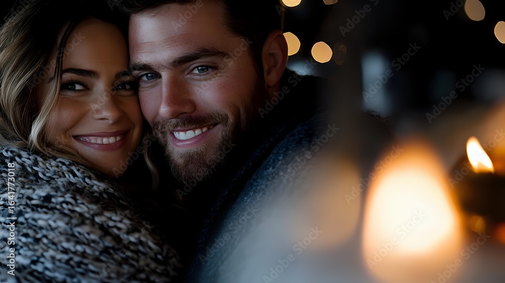 Poster romantic close-up portrait of young couple smiling and embracing in cozy winter sweaters with warm b