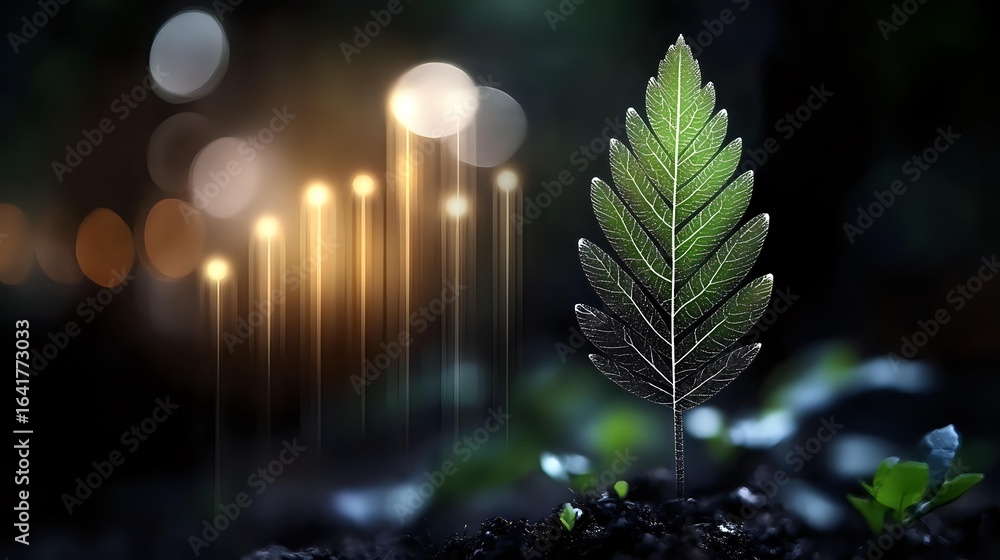 Poster green leaf illuminated by magical glowing lights in dark forest setting with bokeh effect and mystic
