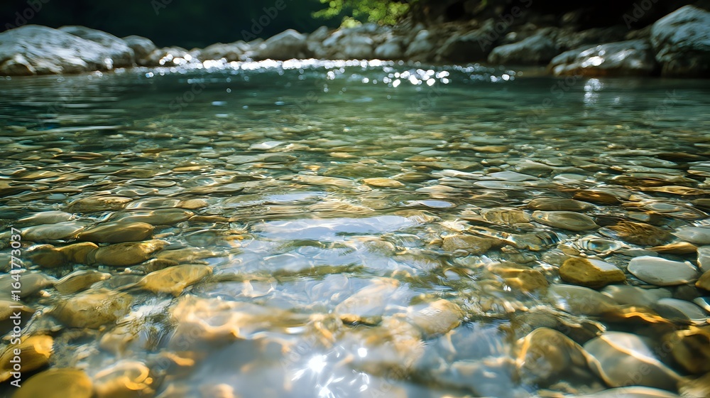 Poster crystal clear mountain stream flowing over smooth river rocks, with sunlight creating sparkles on sh