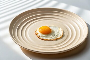 Single fried egg on a textured plate isolated on white background