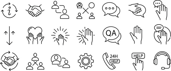 Customer support icons, communication symbols, help desk graphics, quality assurance, handshake, chat bubbles, high five, 24H assistance, gear, call center