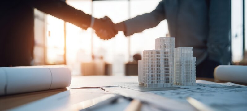 The handshake over architectural model symbolizes successful business collaboration and planning. - Powered by Adobe