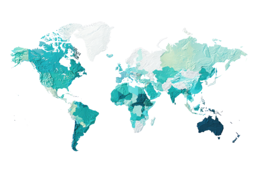 World map with teal shaded regions