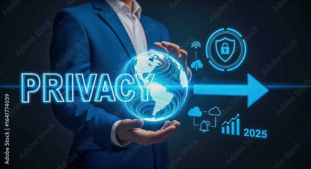 Poster data privacy concept with digital globe and security icons displayed in modern style
