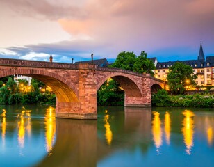 Fototapeta premium Old stone bridge over river at sunset