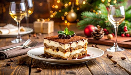 Festive Tiramisu Dessert with Wine and Holiday Decorations